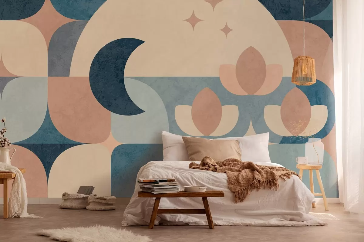 zidne murale geometrijska apstrakcija, gdje su meki oblici glatko isprepleteni sa simbolima mjeseca, cvijeća i zvijezda. w03723