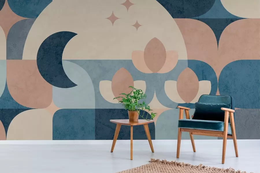zidne murale geometrijska apstrakcija, gdje su meki oblici glatko isprepleteni sa simbolima mjeseca, cvijeća i zvijezda w03723