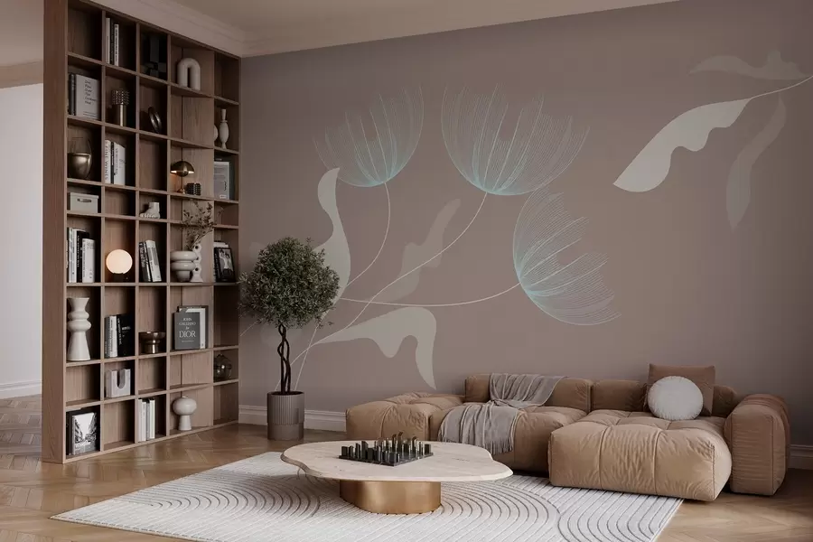 zidne murale elegantno minimalističko cvijeće u bijelim i plavim tonovima na mocha pozadini w03763v3