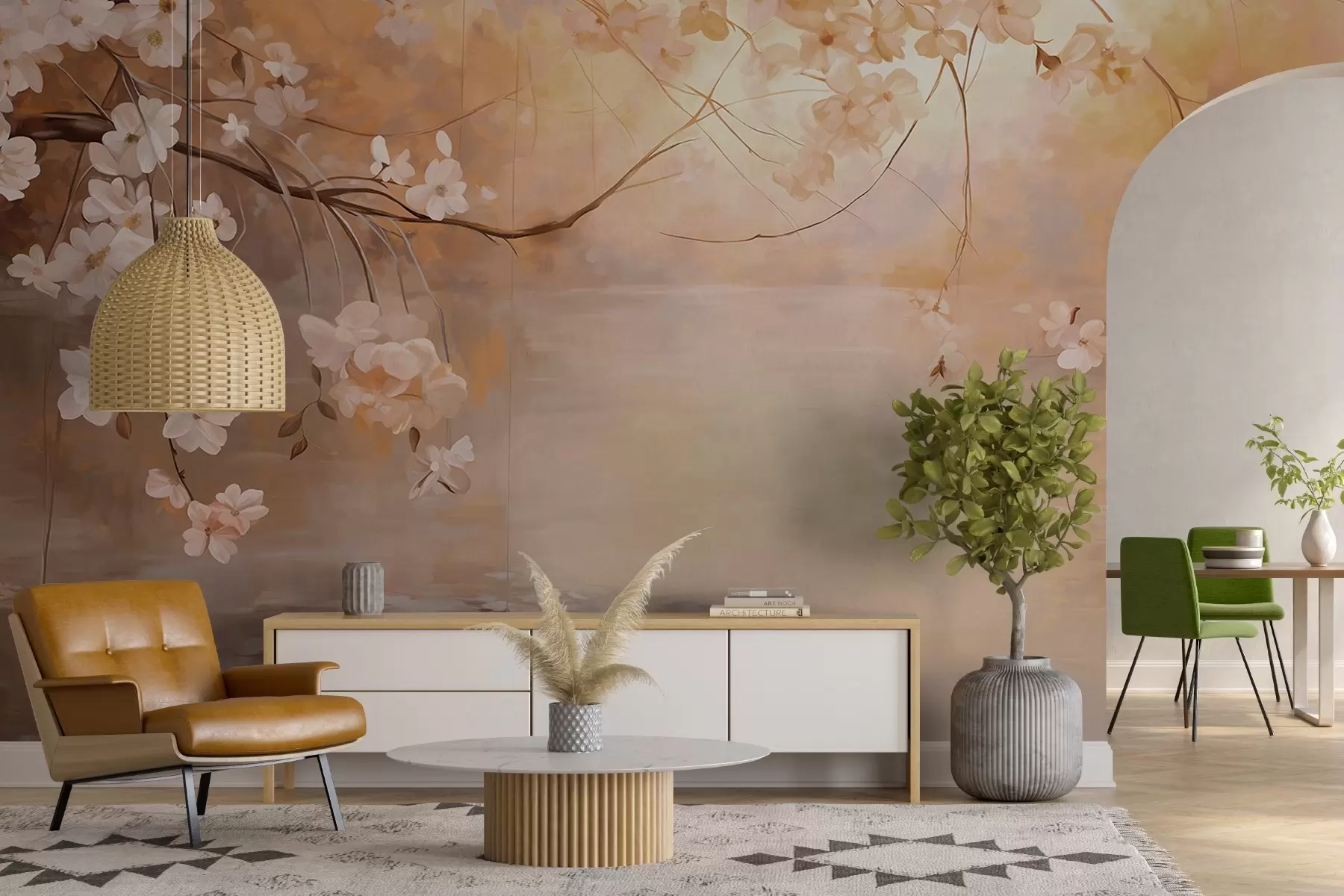 zidne murale Apstraktna pejzažna umjetnost s cvjetnom granom i bijelim cvjetovima koji vise iznad jezera, nježne pastelne boje w09046