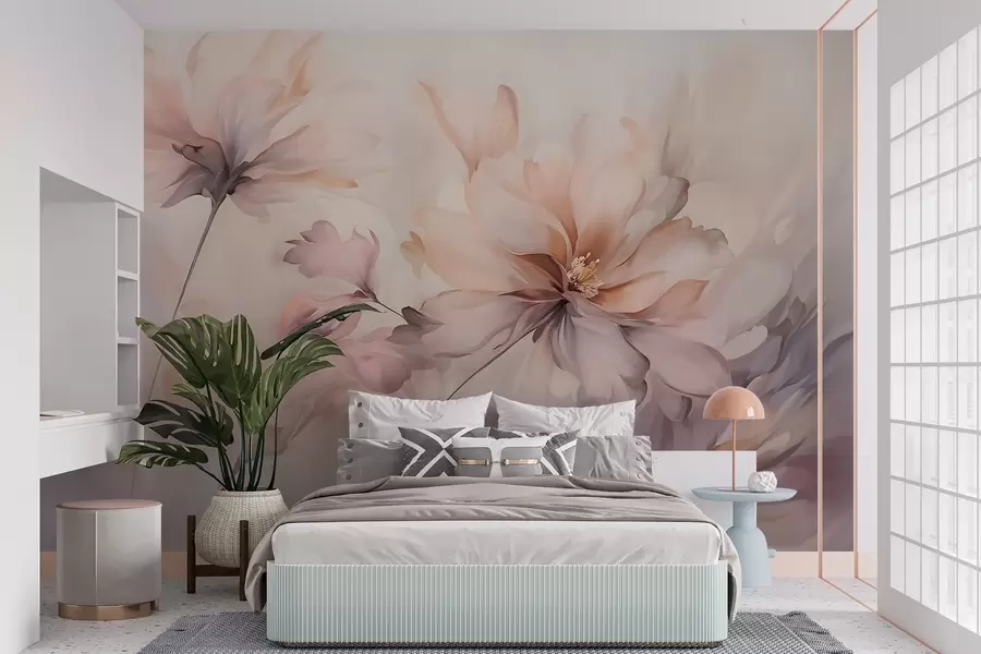 zidne murale Nježna cvjetna umjetnost s velikim cvjetovima pastelnih boja s prozirnim laticama, mekim stabljikama i nježnom difuznom pozadinom  w09050