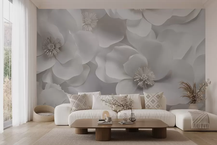 zidne murale Bijeli cvjetovi s nježnim laticama, raspoređeni u gustu grozd, stvaraju osjećaj čistoće i elegancije na bijeloj pozadini w09053
