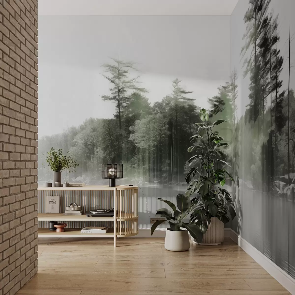 zidne murale Apstraktni minimalistički teksturirani pejzaž s jezerom i odrazima drveća u vodi u zelenim i bijelim nijansama w09058