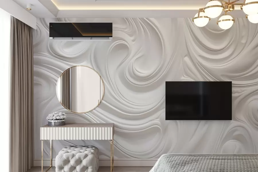 zidne murale Bijela apstraktna moderna umjetnost s fluidnim kovitlacima i valovima, glatka tekstura, elegantan dizajn, minimalistička estetika w09059