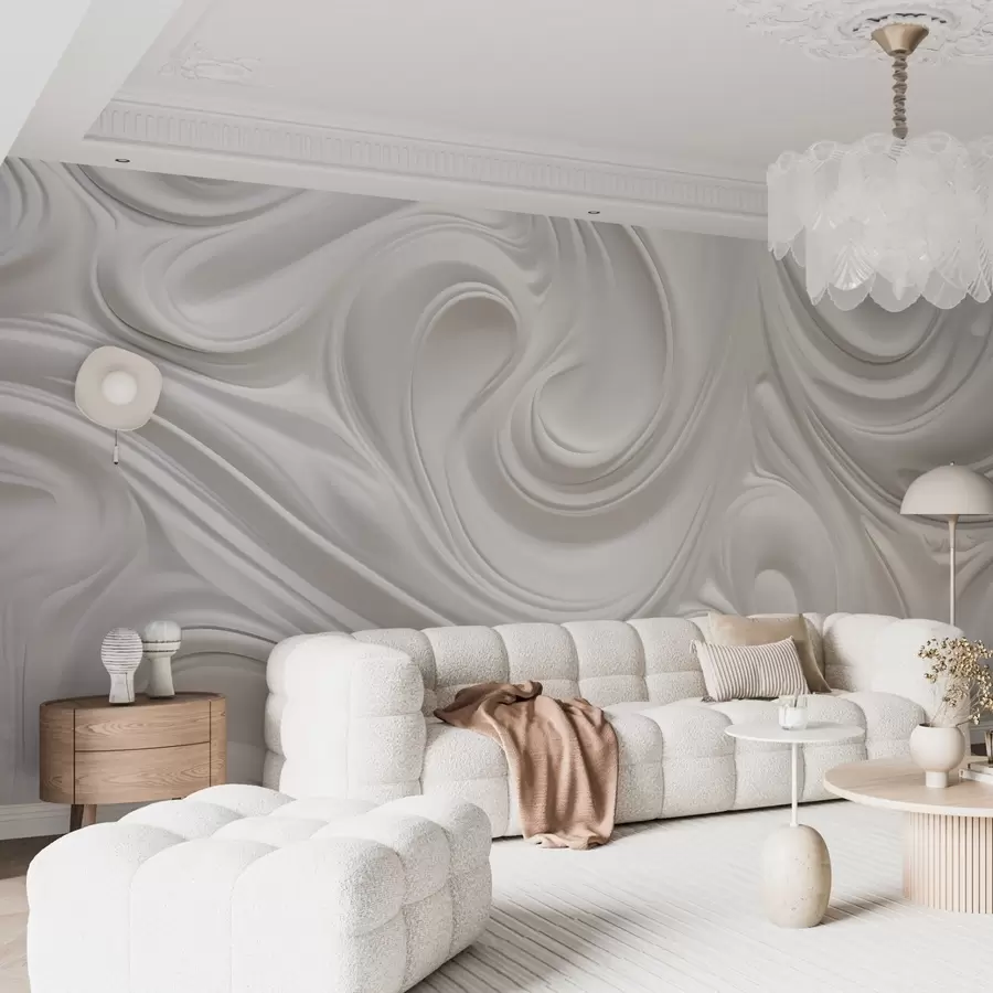 zidne murale Bijela apstraktna moderna umjetnost s fluidnim kovitlacima i valovima, glatka tekstura, elegantan dizajn, minimalistička estetika w09059