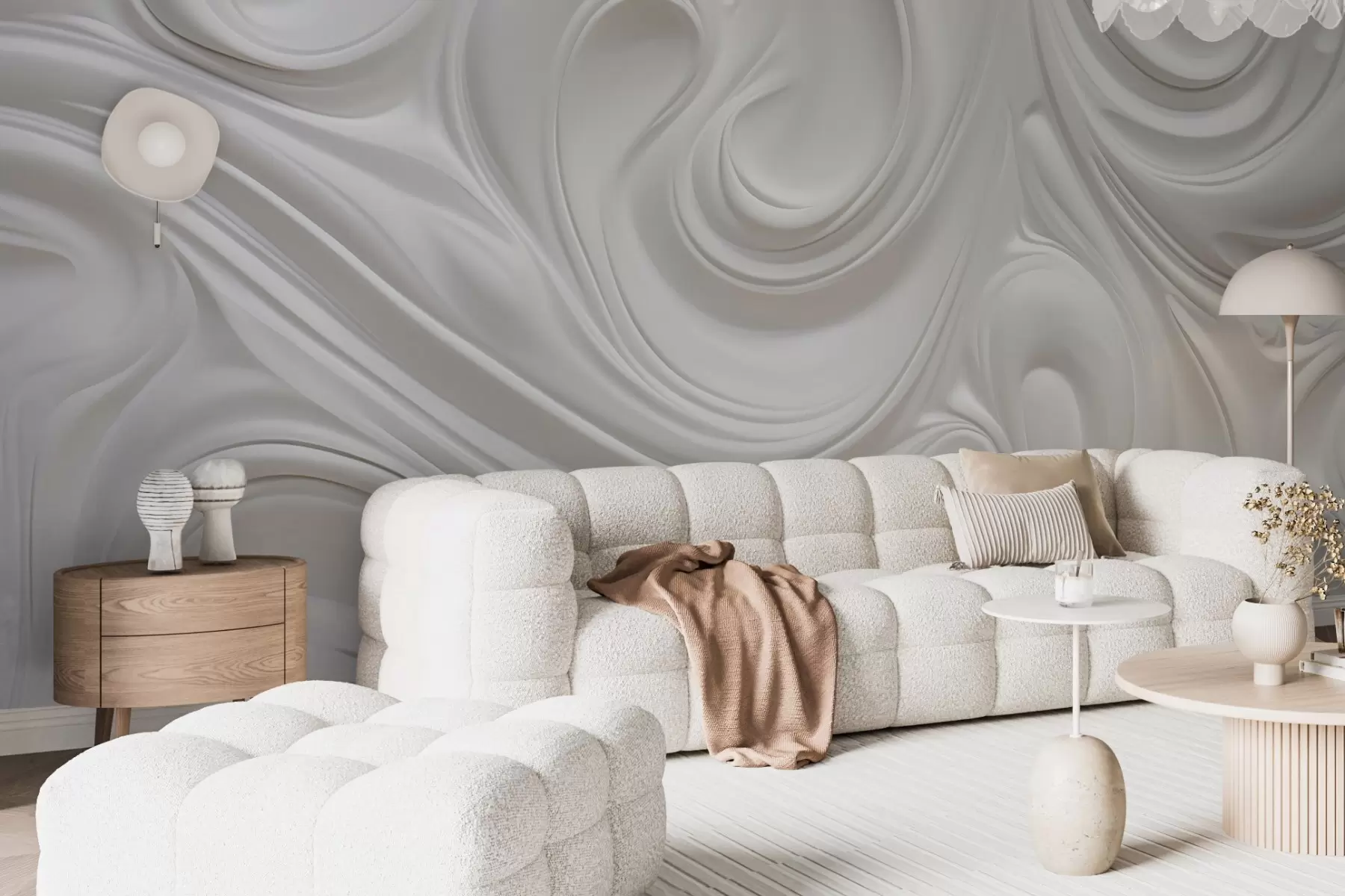 zidne murale Bijela apstraktna moderna umjetnost s fluidnim kovitlacima i valovima, glatka tekstura, elegantan dizajn, minimalistička estetika w09059