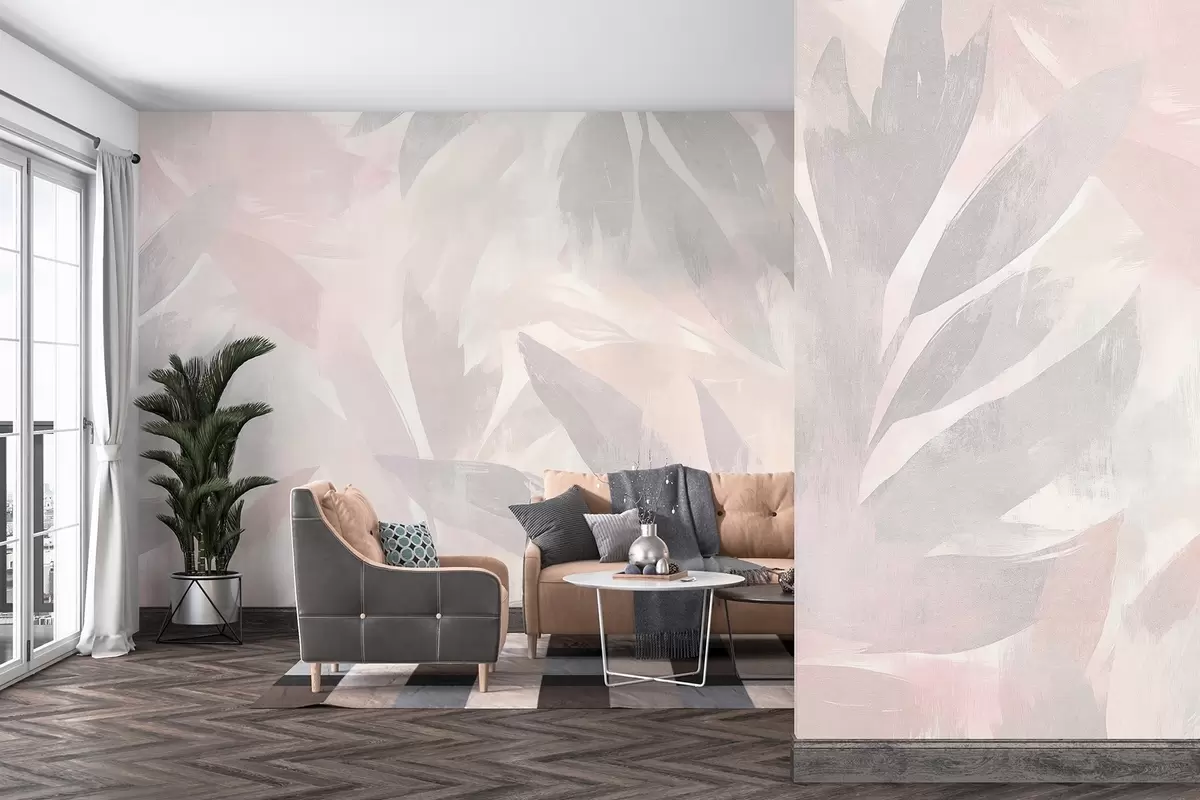 zidne murale Tropsko lišće, cvijeće, palme, pastelni stil, ružičaste i bež boje w03881