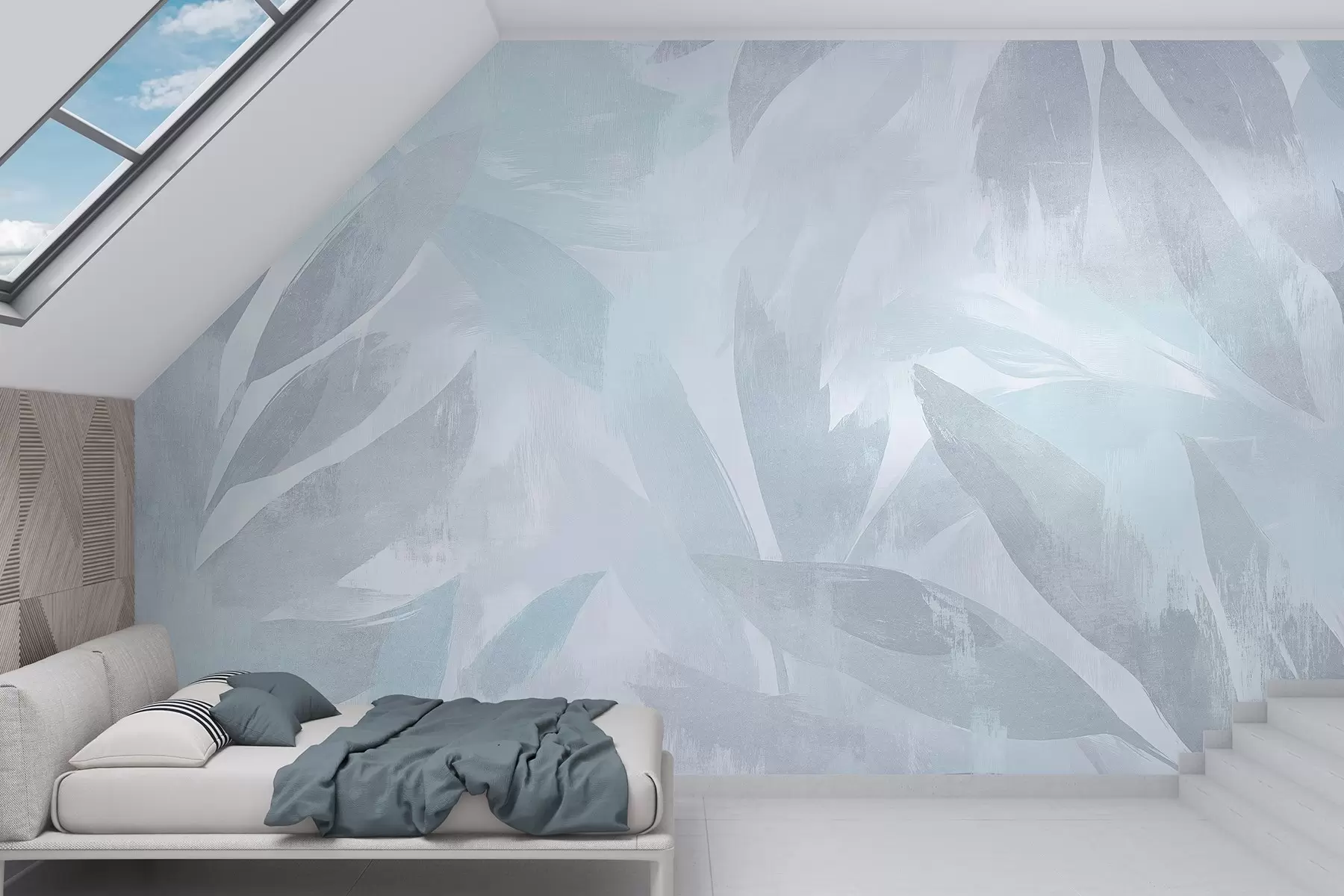 zidne murale Tropsko lišće, cvijeće, palme, pastelni stil, plave boje w03881v2