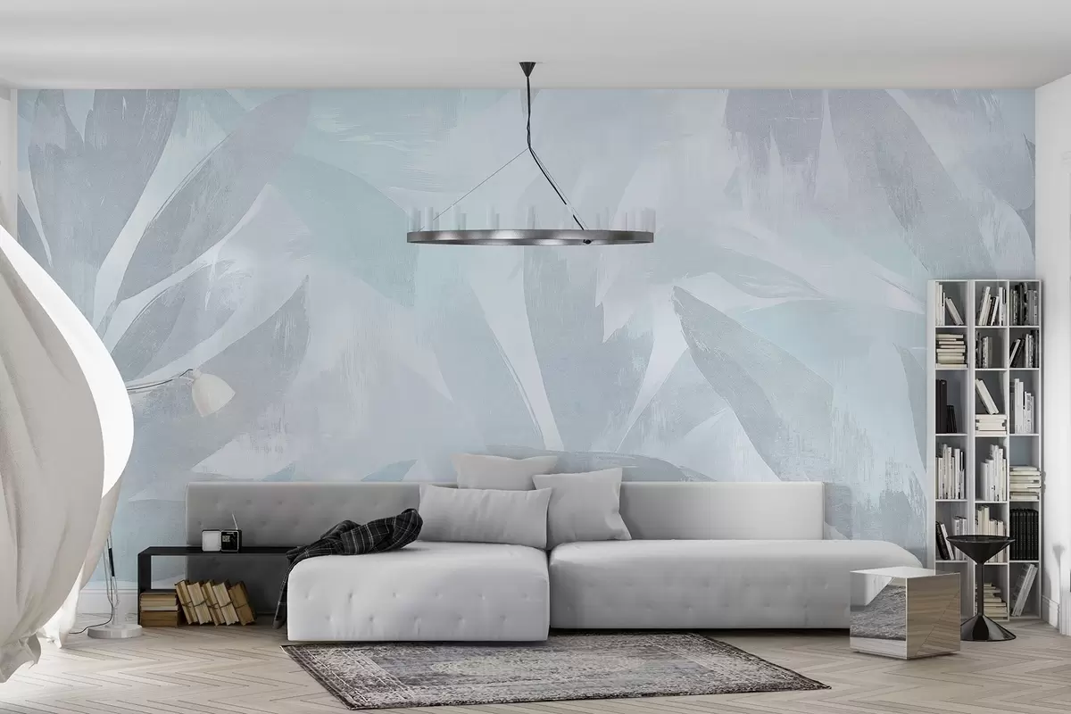 zidne murale Tropsko lišće, cvijeće, palme, pastelni stil, plave boje w03881v2