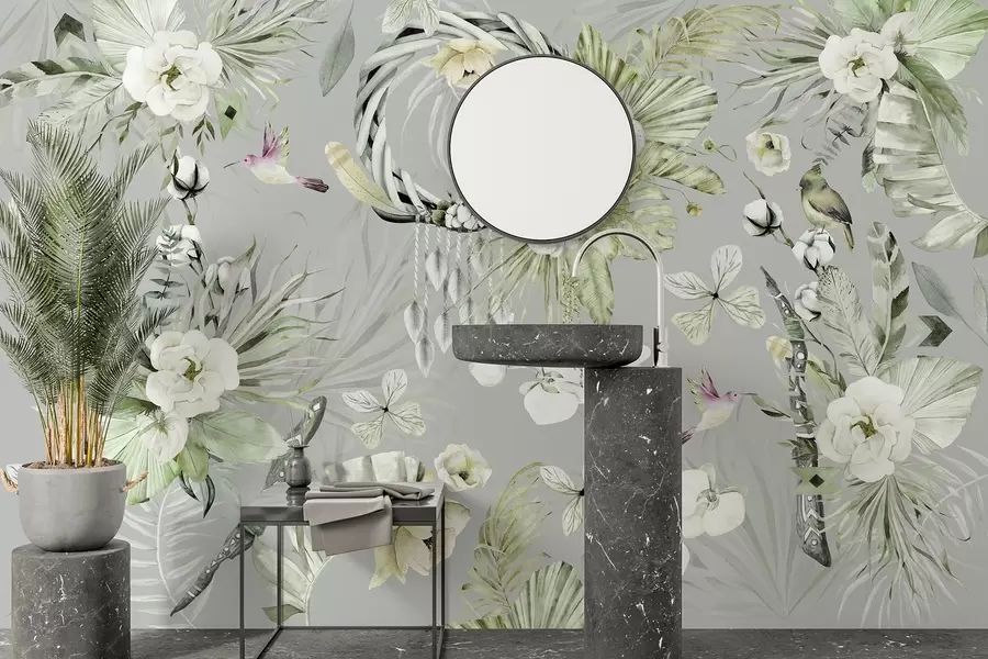 zidne murale Ukras u boho stilu s cvjetovima božura i pticama, stil akvarela, zelene boje w03885v2