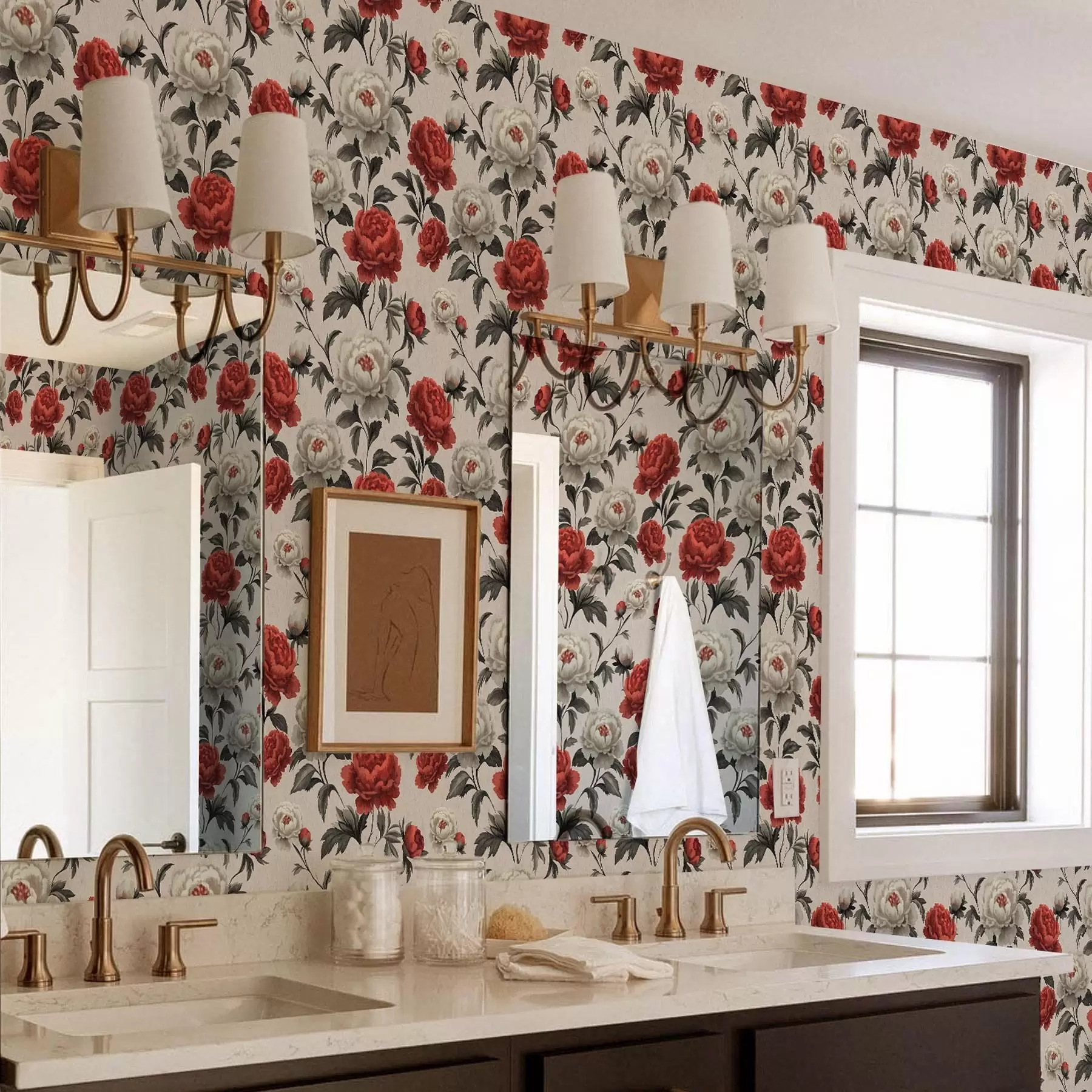 zidne murale Božuri u retro stilu na bež pozadini a00107