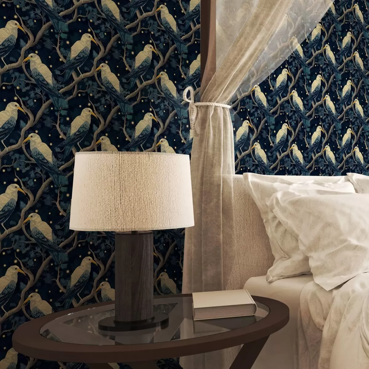 Pozadina Bijele ptice na granama među blještavim krijesnicama u noćnoj šumi a00109