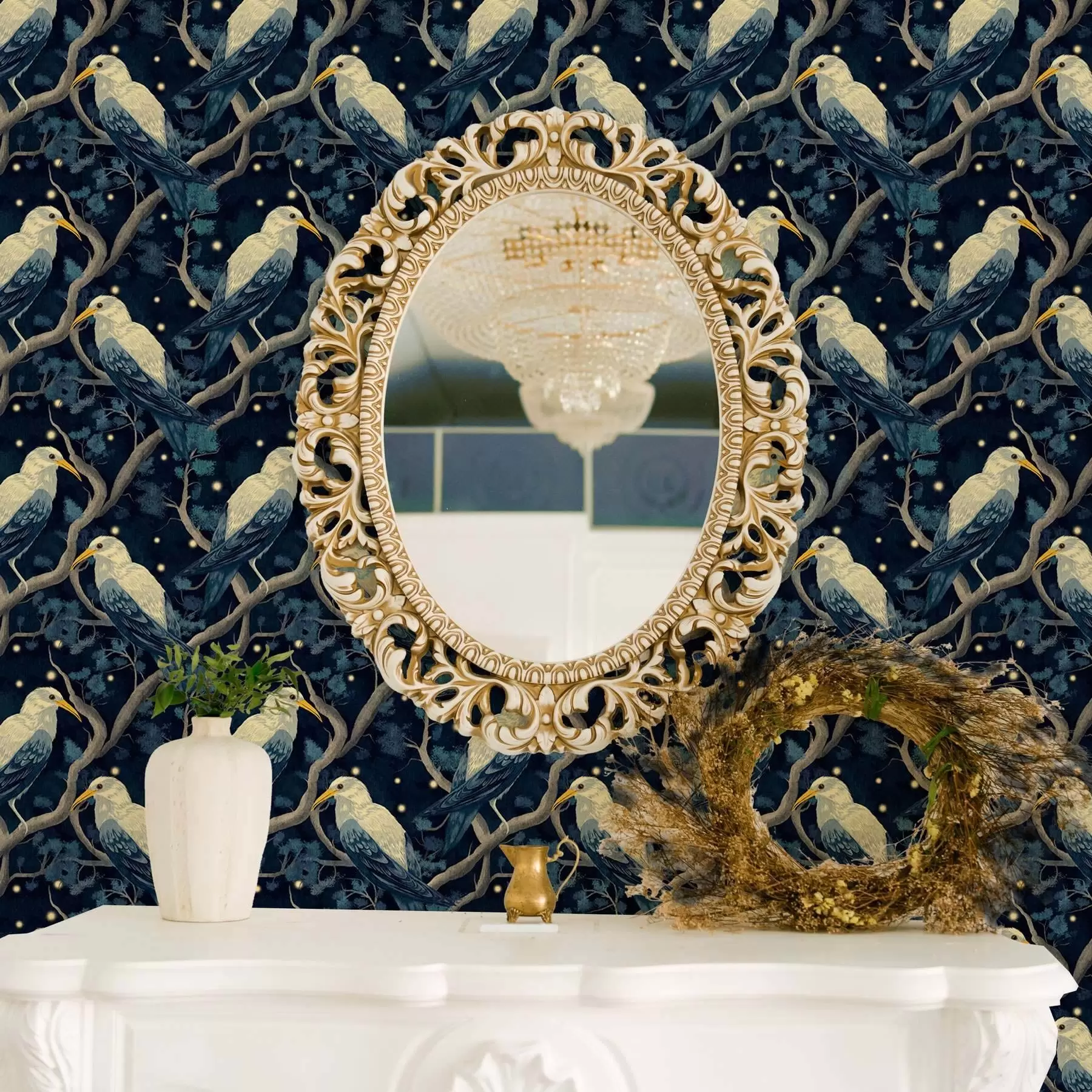 zidne murale Bijele ptice na granama među blještavim krijesnicama u noćnoj šumi a00109