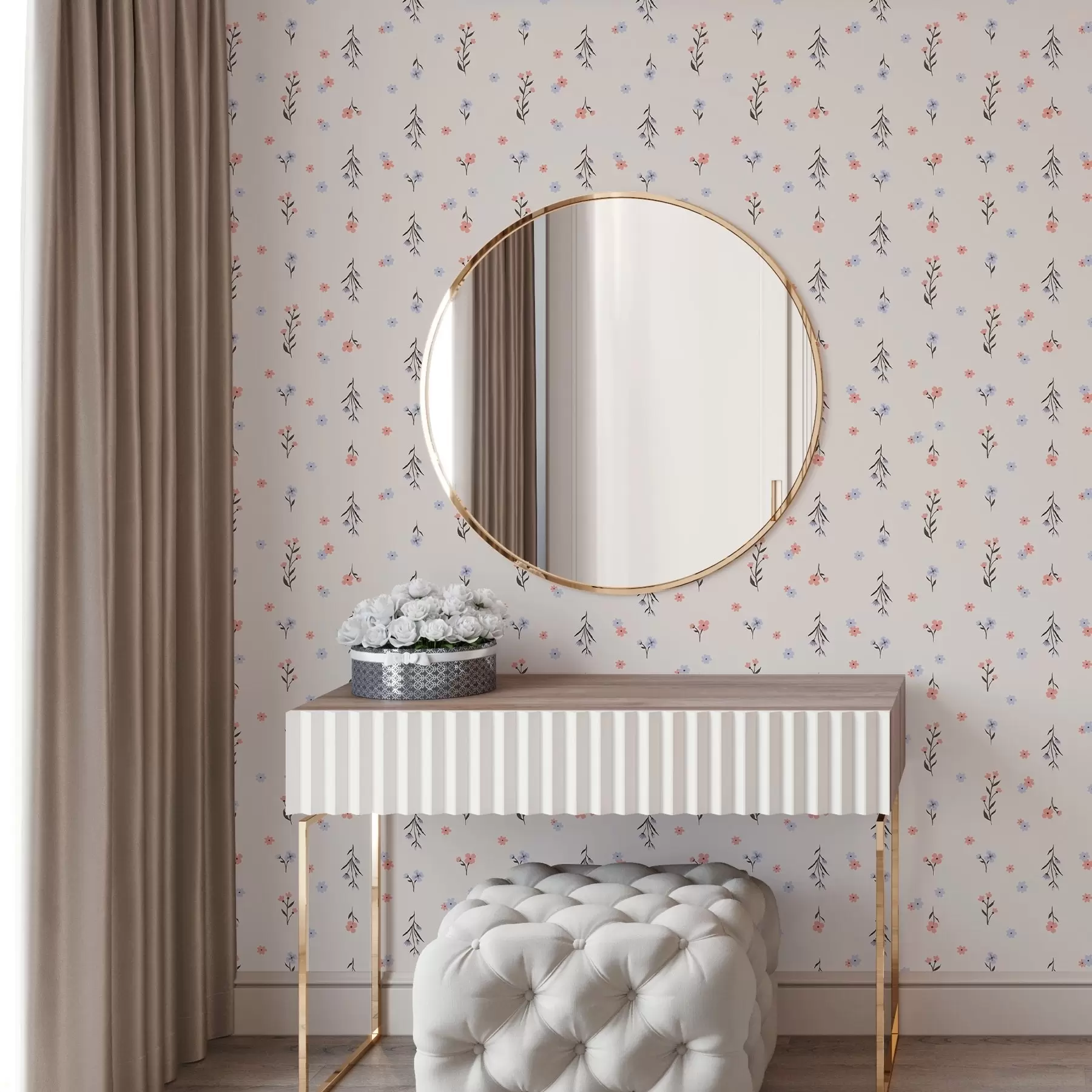 zidne murale Mali cvjetovi u blijedoružičastim i plavim tonovima na krem pozadini a00110