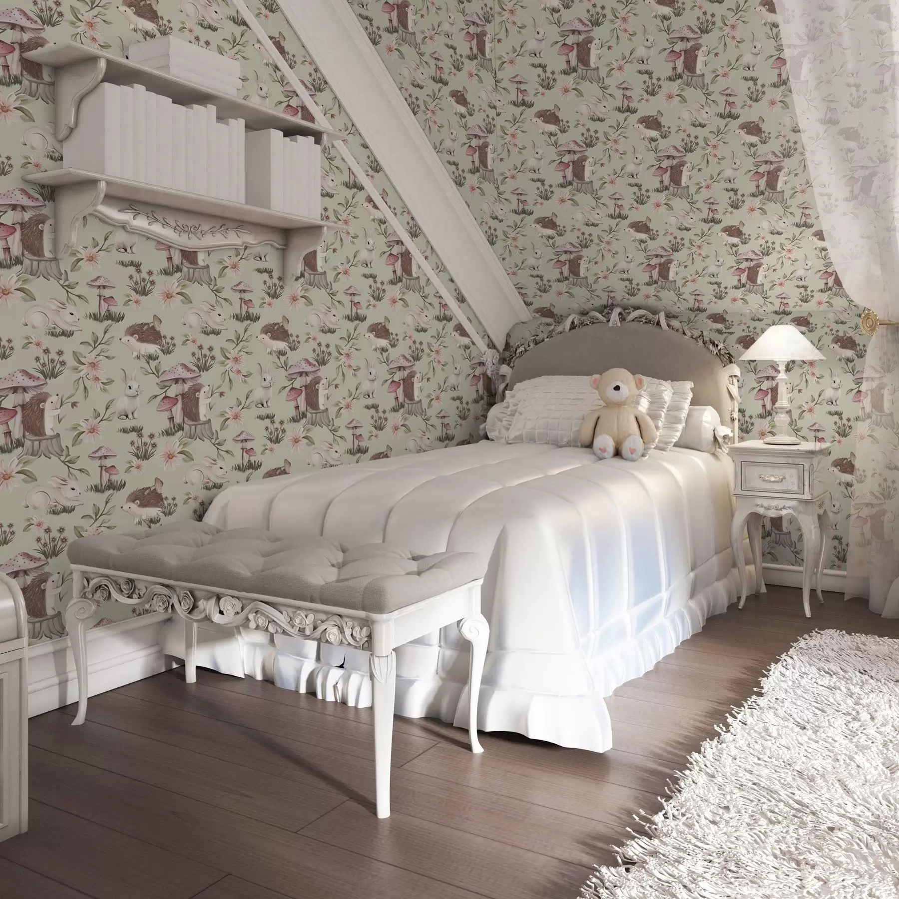 zidne murale Životinje i cvijeće iz bajke na zelenoj pozadini u nježnim pastelnim bojama a00111v1