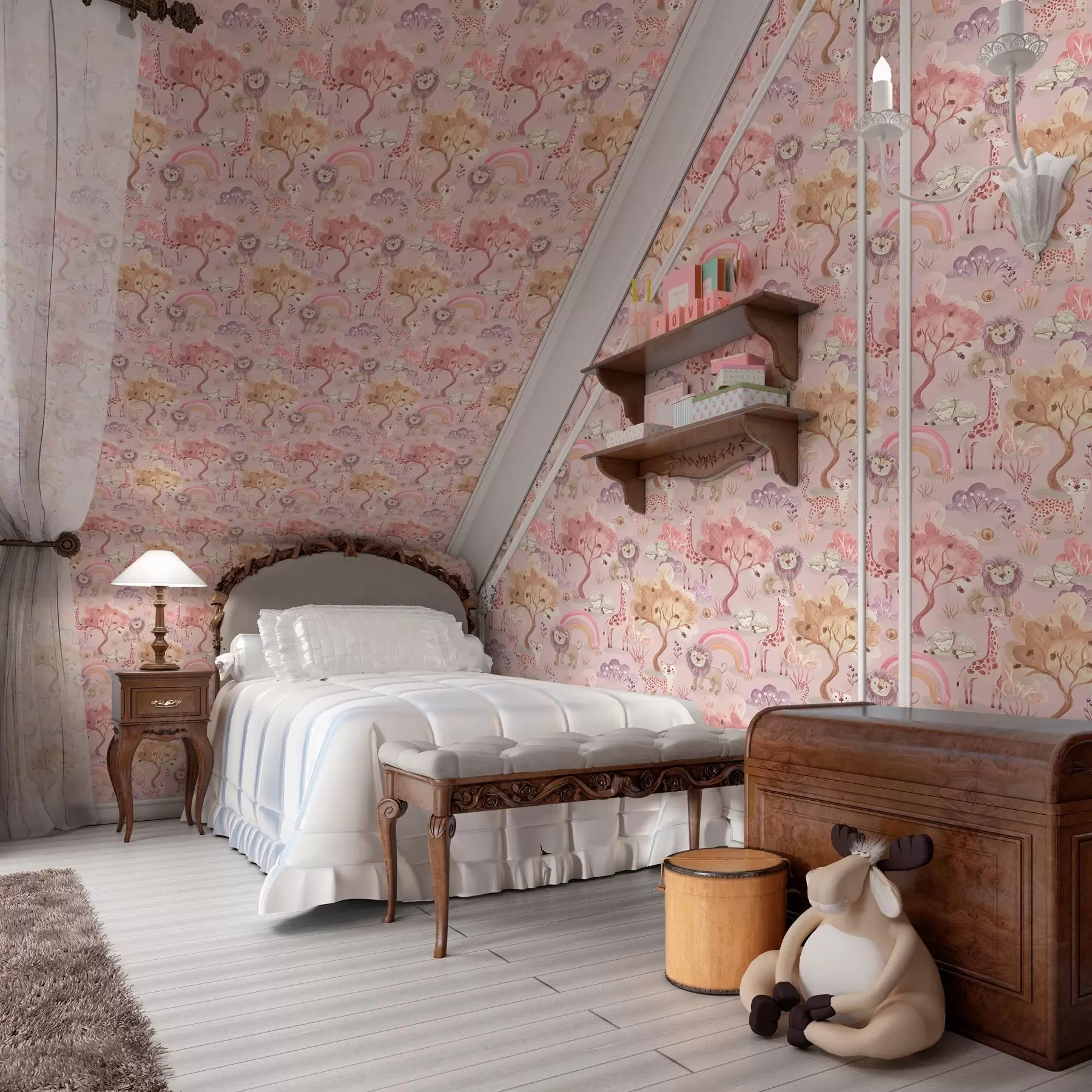 zidne murale Lavići, žirafe i duge u pastelnoj šumi a00112