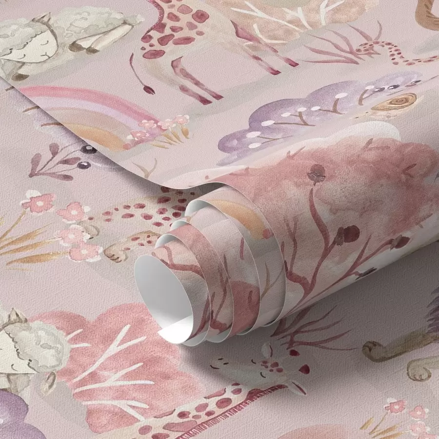 zidne murale Lavići, žirafe i duge u pastelnoj šumi a00112