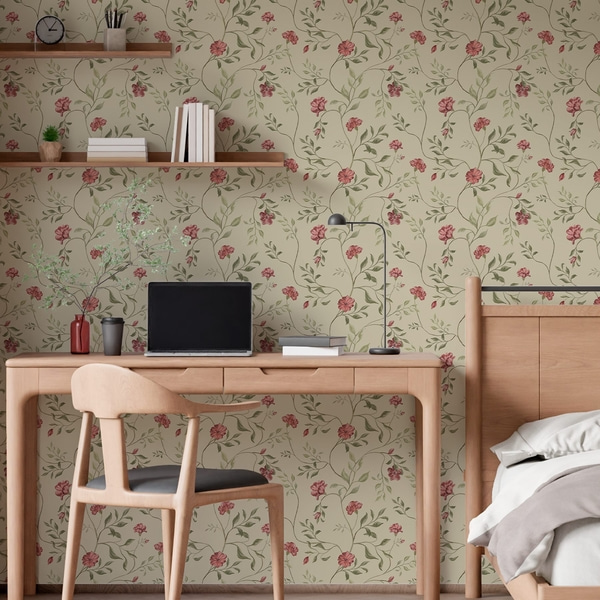 Pozadine Cvjetovi i crveni pupoljci na svijetloj pozadini, Tapete Engleski stil, a00114 : Uwalls.com.hr