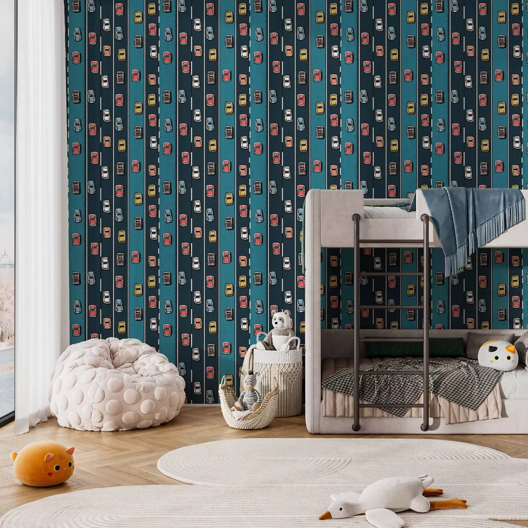 zidne murale Retro automobil na tamnoplavoj cesti u stilu 60-ih a00118