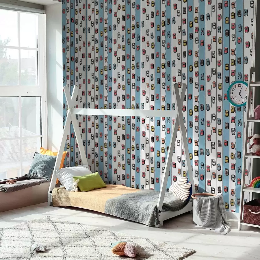 zidne murale Retro auto na bijelo-plavoj cesti u stilu 60-ih a00118v2