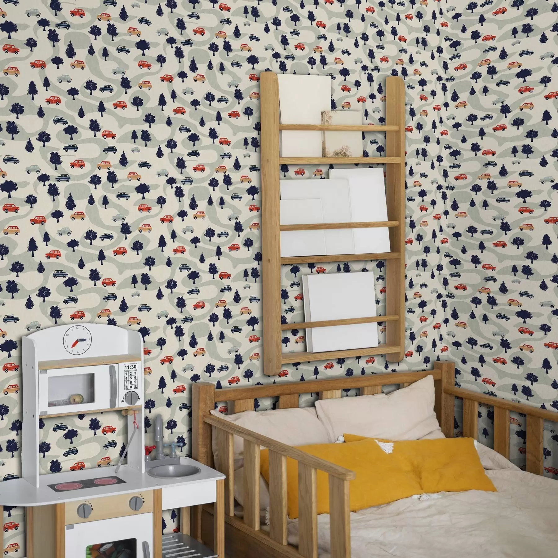 zidne murale Smiješni automobili među drvećem na krem pozadini a00119
