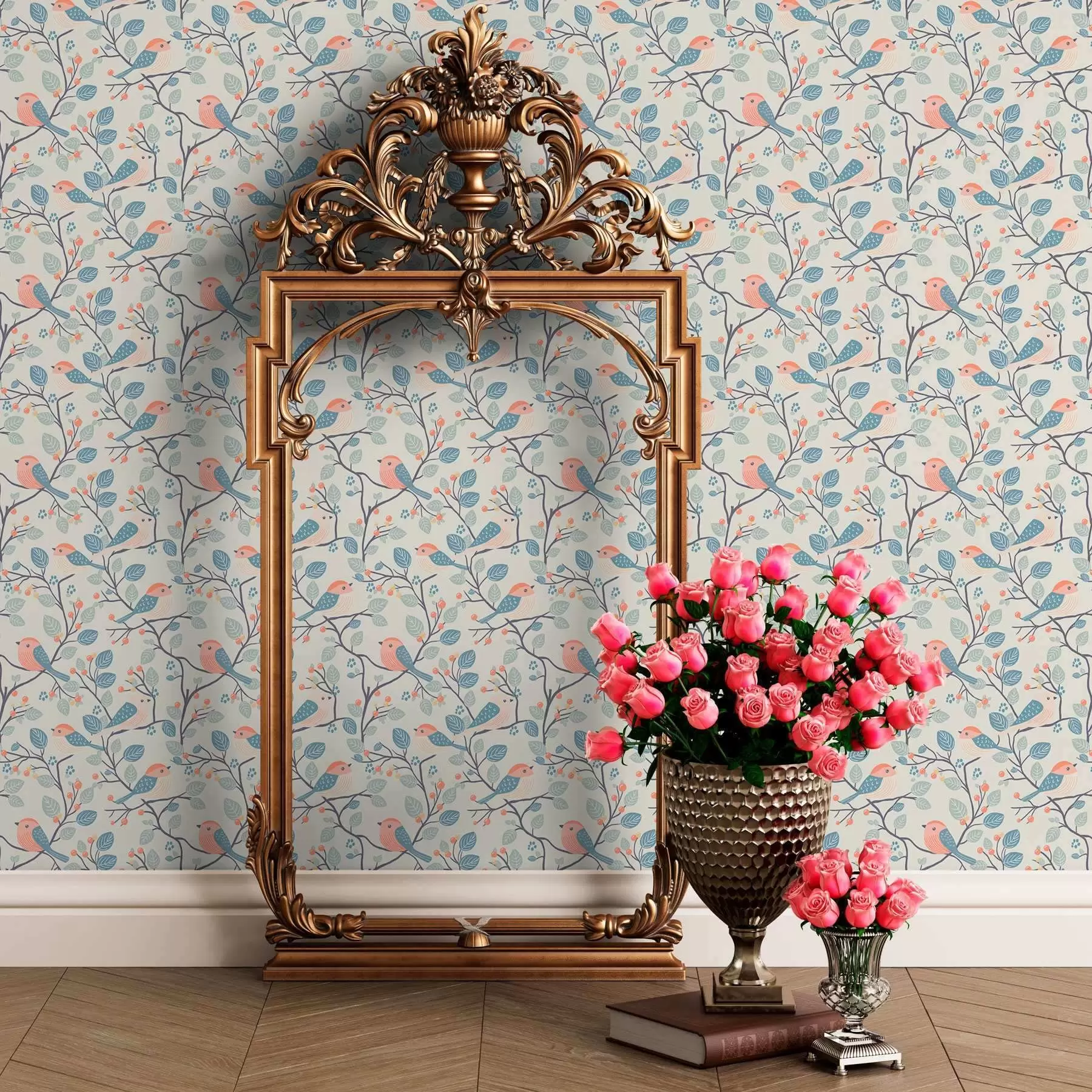 zidne murale Pastelne ptice i grančice na svijetloj pozadini a00128