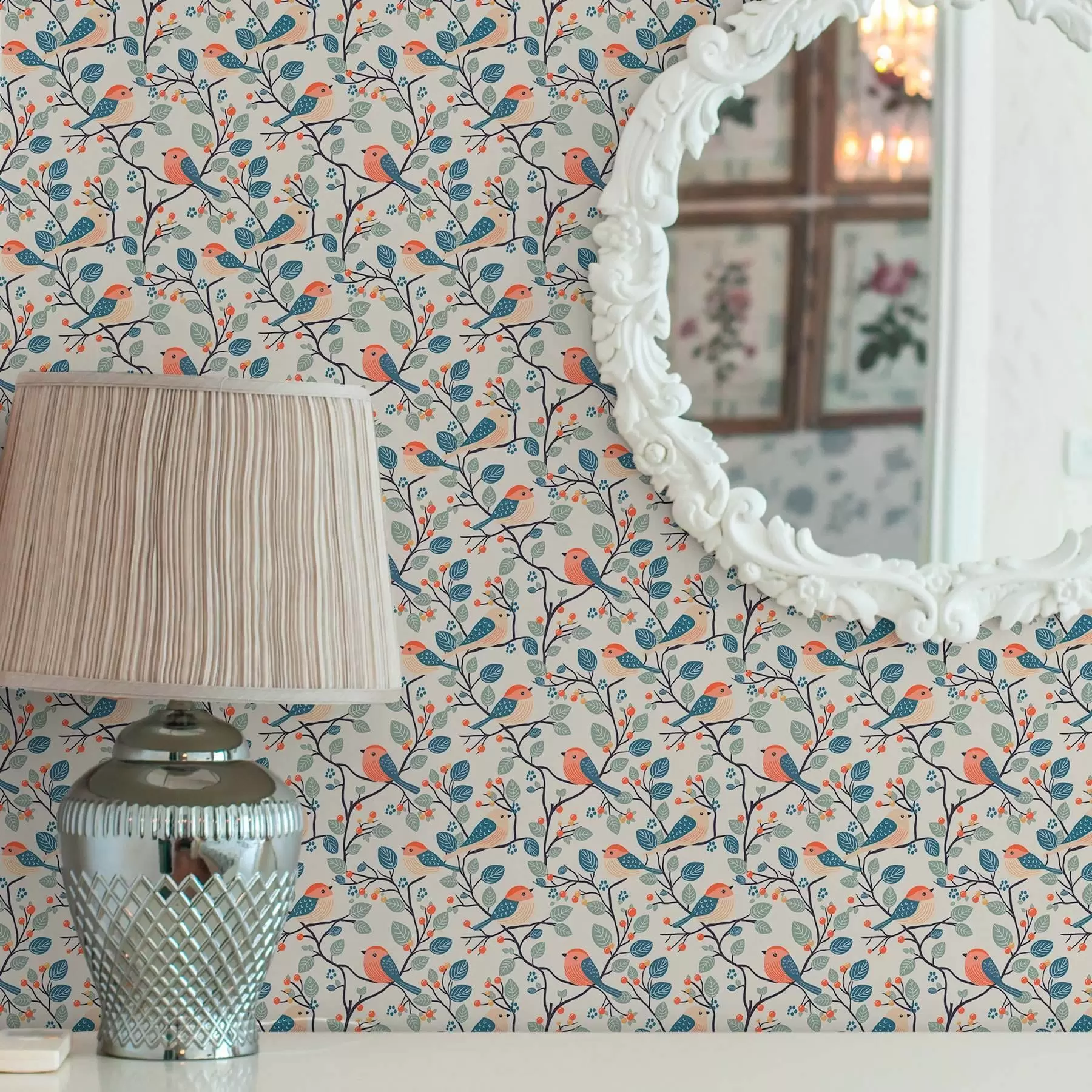 zidne murale Ptice na granama i bobice u toplim bojama a00128v1