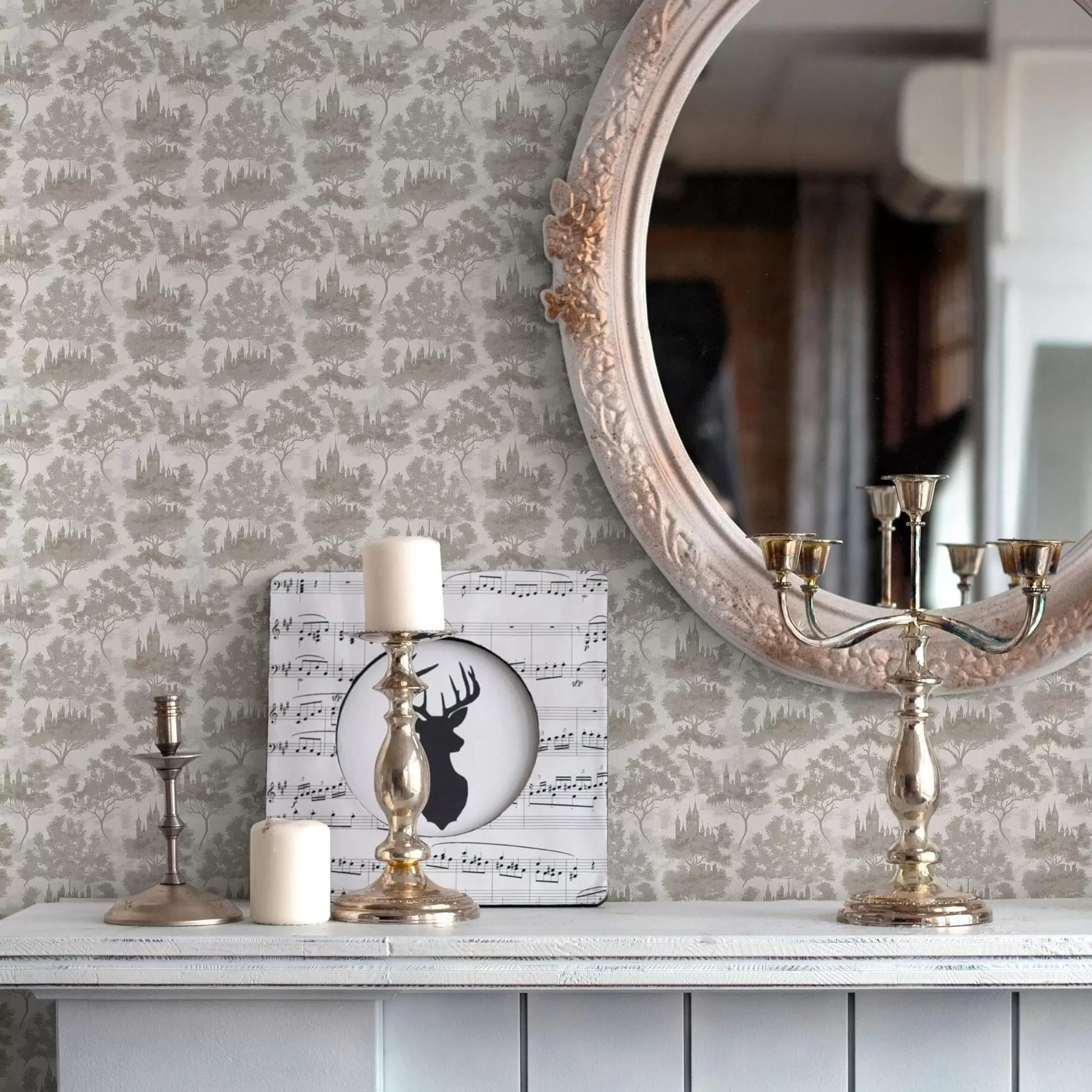 zidne murale Dvorac u šumi u sivom i bež stilu a00130