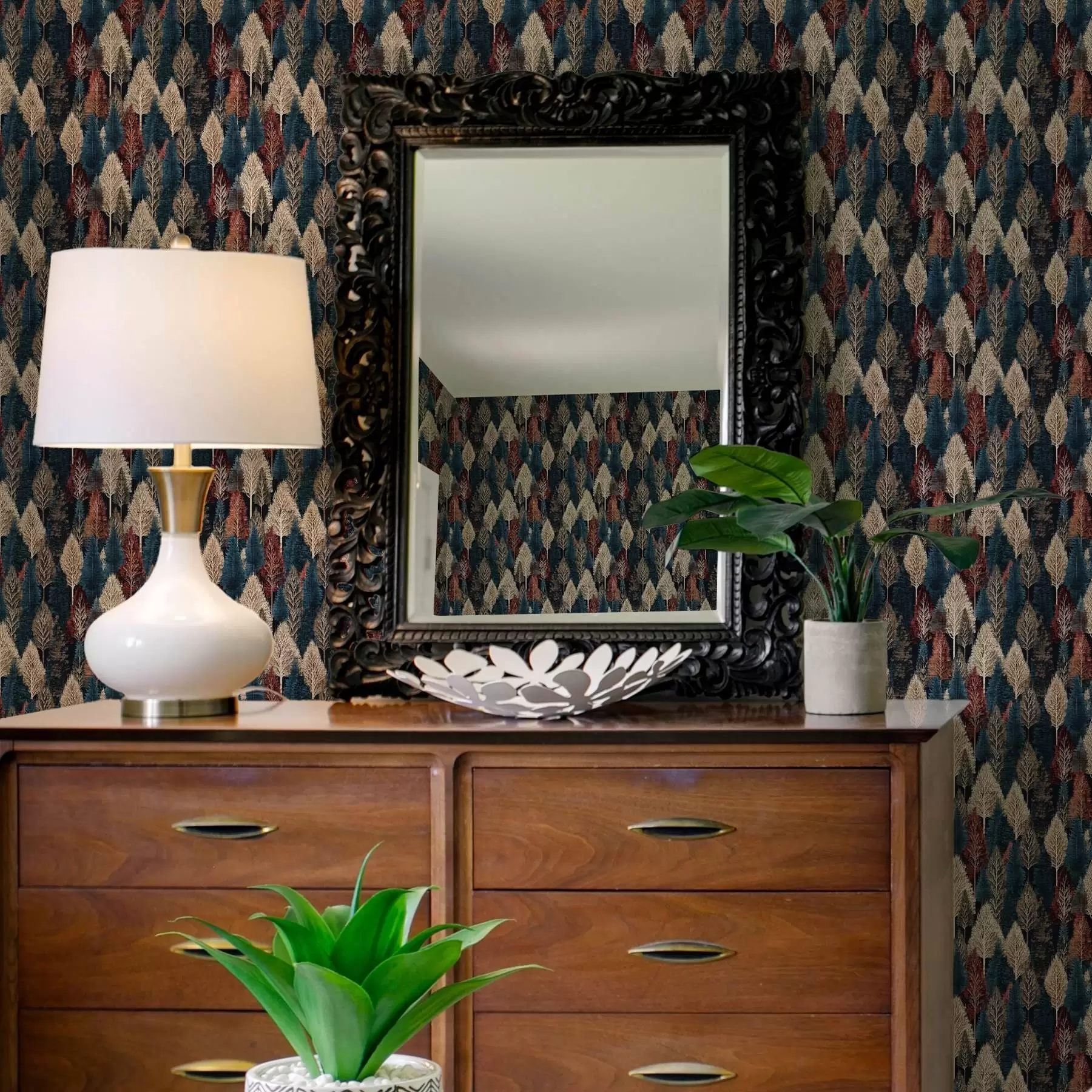 zidne murale Apstraktna šuma s drvećem na tamnoplavoj pozadini a00150