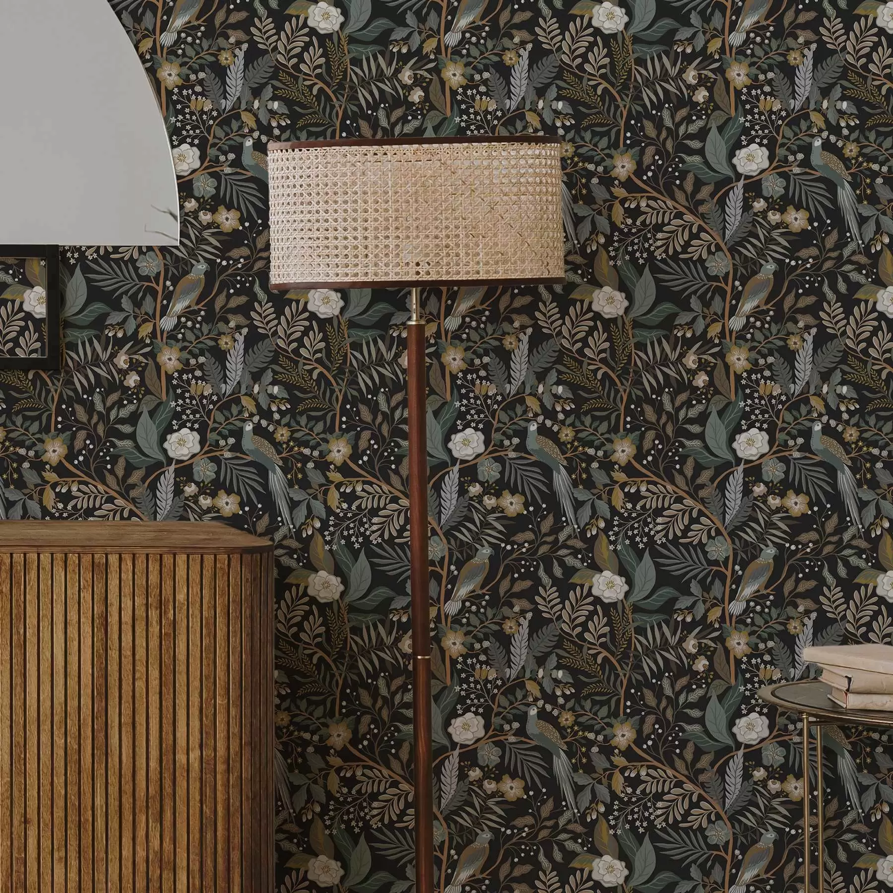 zidne murale Ptice među granama na tamnoj pozadini a00161