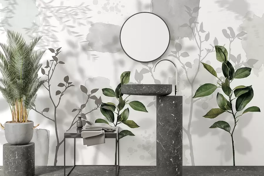 zidne murale Lišće stabla limuna, sjene grana drveća, priroda, akvarel, zelena w03910v1