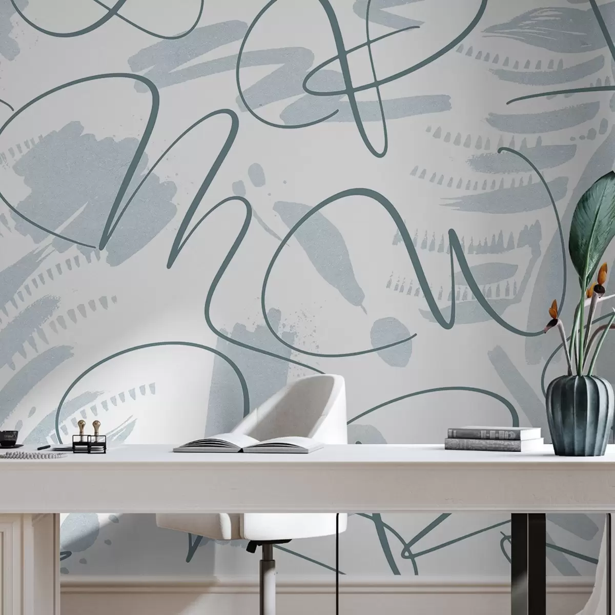 zidne murale Kaligrafska apstrakcija sa slovima, potezi kistom, plava boja w03913v1