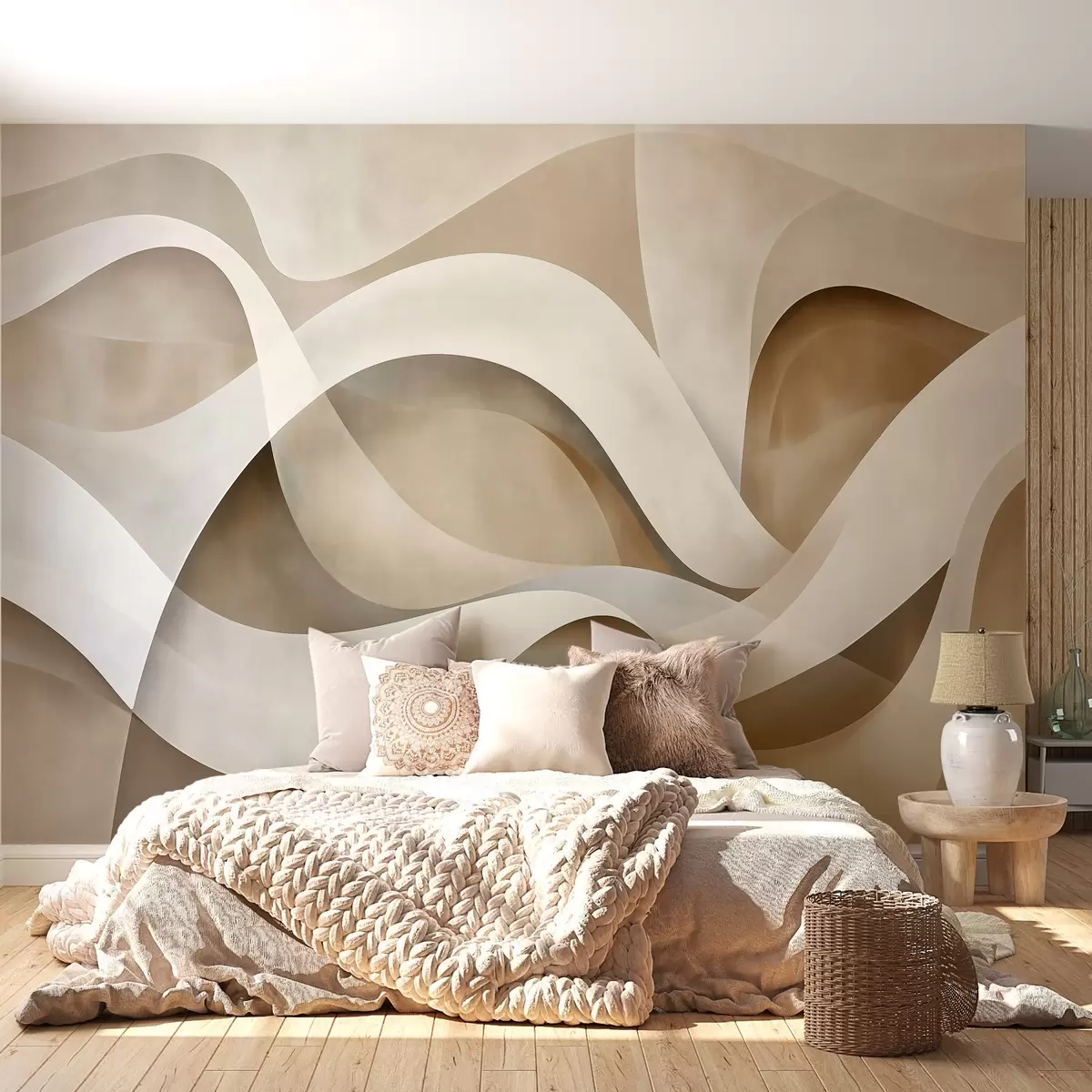 zidne murale apstraktna minimalistička kompozicija slojevitih organskih oblika, svaki ocrtan mekim bijelim rubom, ispunjen gustim unutarnjim linearnim potezima, poput teksture tkanine ili papira, tekuće krivulje u neutralnim bež, pješčanim, kamenim i tonovima slonovače, reljefni izgled w03940