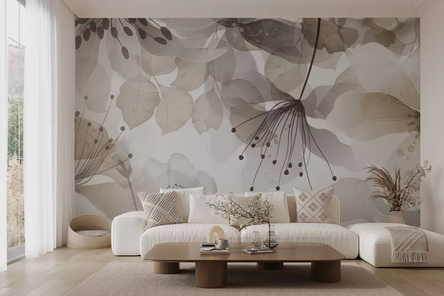 zidne murale Cvijeće i lišće u bež bojama, prozirne latice i lišće, mekani akvarelni efekt, nježne linije, bijela pozadina w09107v1