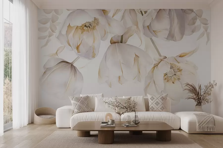zidne murale Bijeli tulipani sa žutim tučkovima, nježne latice, elegantan cvjetni aranžman, nježna kompozicija, na bijeloj pozadini w09112