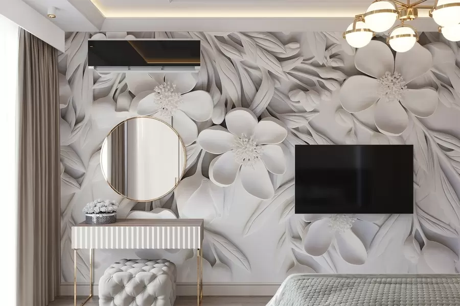 zidne murale Bijelo cvijeće i lišće na bijeloj pozadini, elegantan cvjetni, dekorativni dizajn, zamršeni detalji w09113