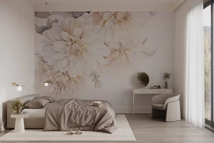 zidne murale Pastelne dalije s mekim, nježnim laticama breskve i bijelog svjetla u stilu akvarela, mekana pozadina w09115