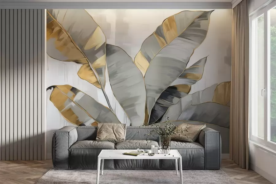 zidne murale Tropski teksturirani listovi banane sa sivim i žutim tonovima, moderan stil, neutralna pozadina, dekorativno slikarstvo w09118