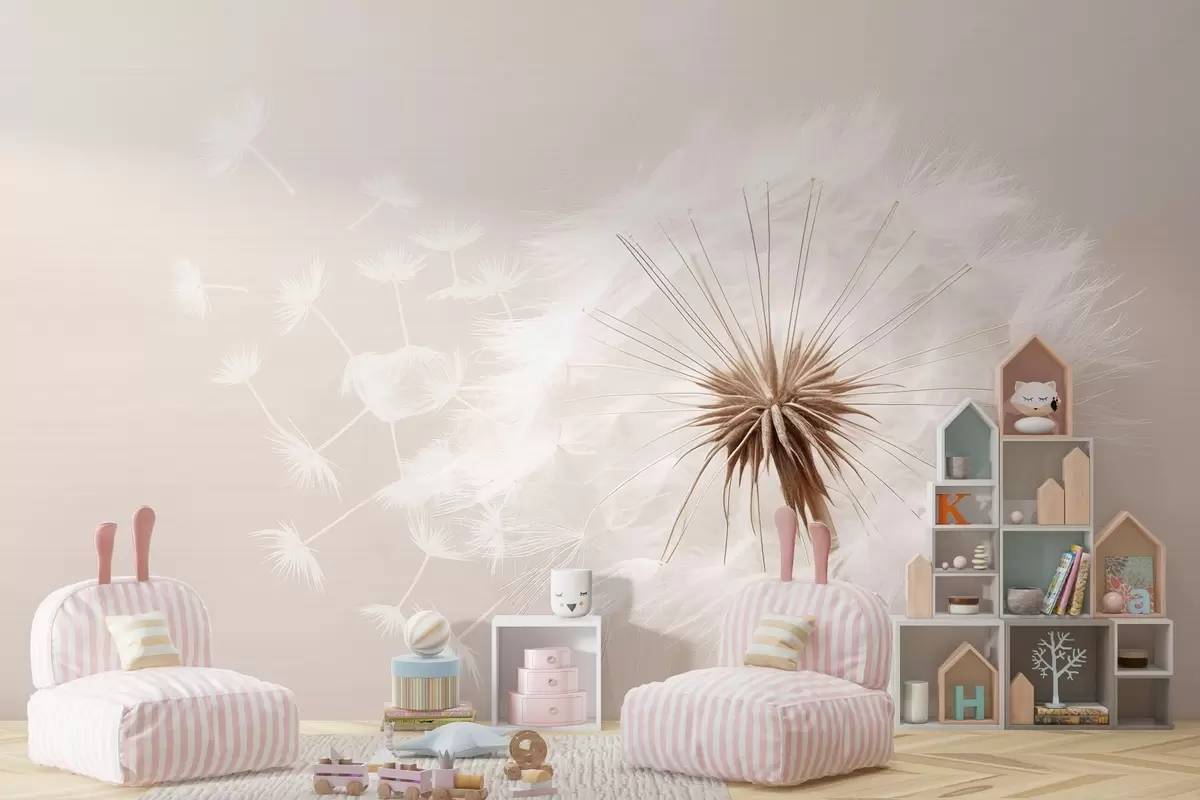 zidne murale Moderna nježna cvjetna kompozicija s potpuno rascvjetalom glavicom maslačka i plutajućim sjemenkama, uz nježnu teksturu nalik tekstilu w03939