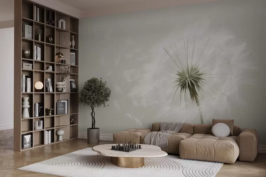 zidne murale Moderna nježna cvjetna kompozicija s potpuno rascvjetalom glavicom maslačka i plutajućim sjemenkama, uz nježnu teksturu nalik tekstilu w03939v1