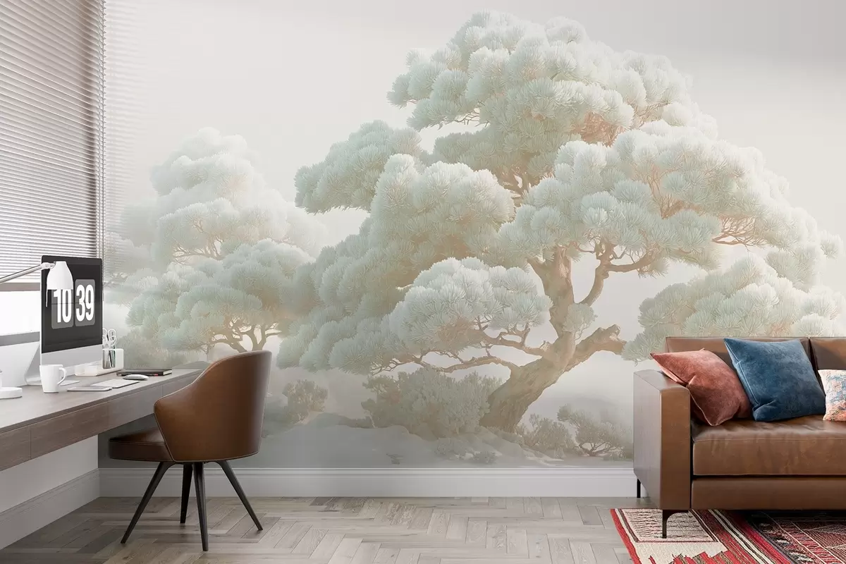 zidne murale Borovi u magli u mekim tonovima stoje u šumi w09122
