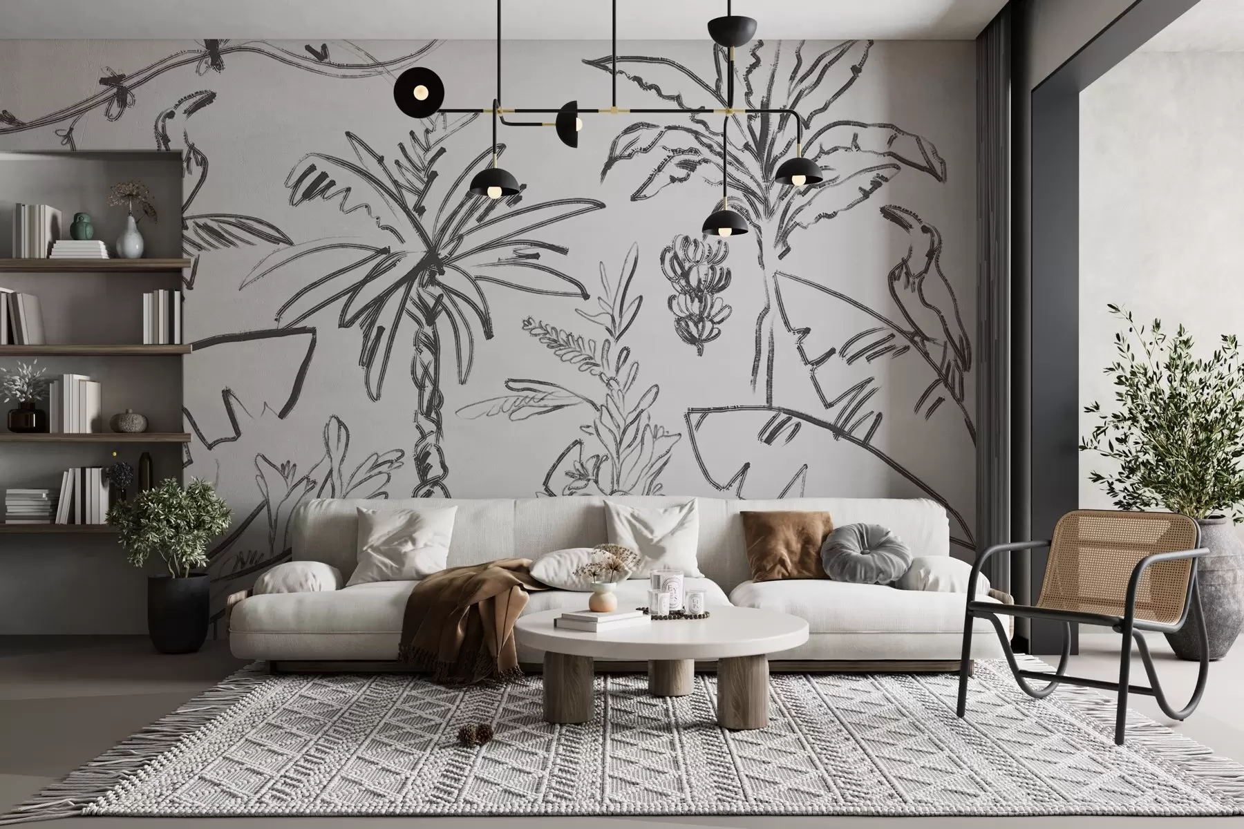 zidne murale Tropski crteži linija, banane, palme, obrisne grafike w04020