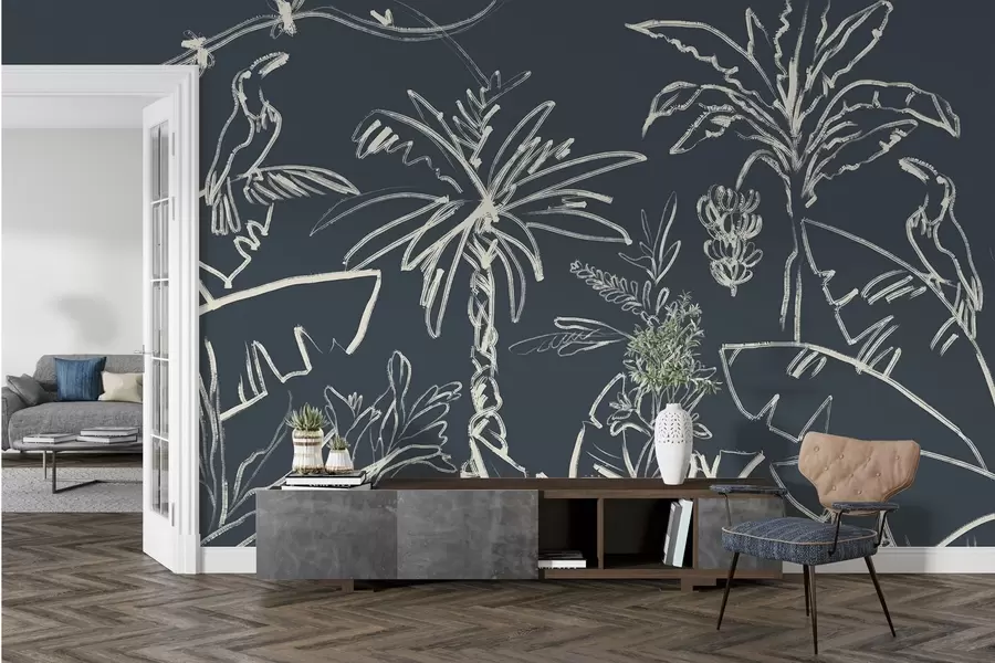 zidne murale Tropski uzorak na tamnoplavoj pozadini, palme, banane w04020v4