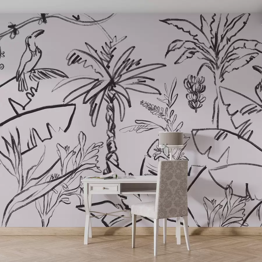 zidne murale Tropski uzorak u crnoj boji, palme, banane, obrisne grafike w04020v7