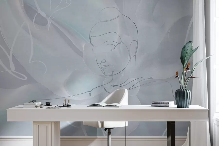 zidne murale Cvjetna apstrakcija s crtežom Bude, plave boje w04004v1