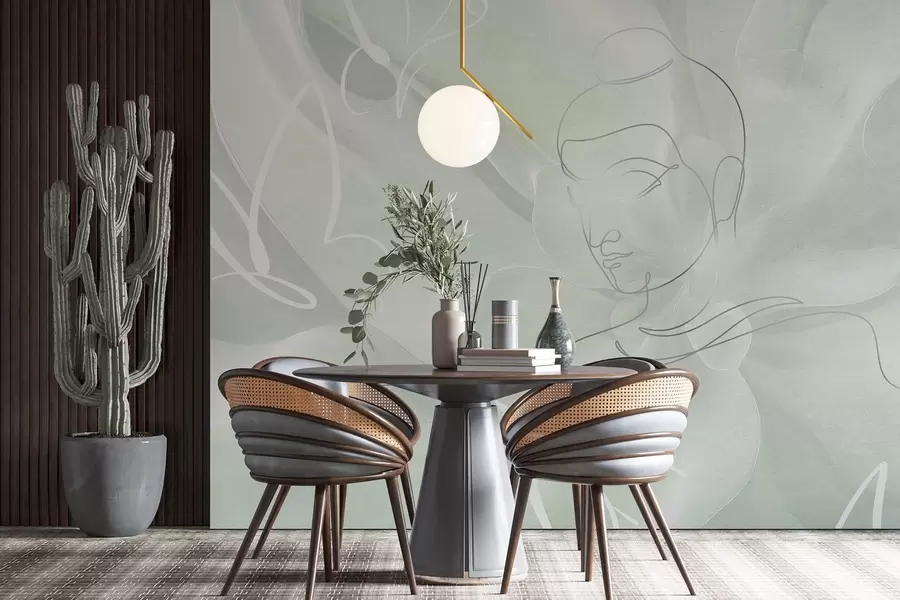 zidne murale Cvjetna apstrakcija s crtežom Bude, zelene boje w04004v3