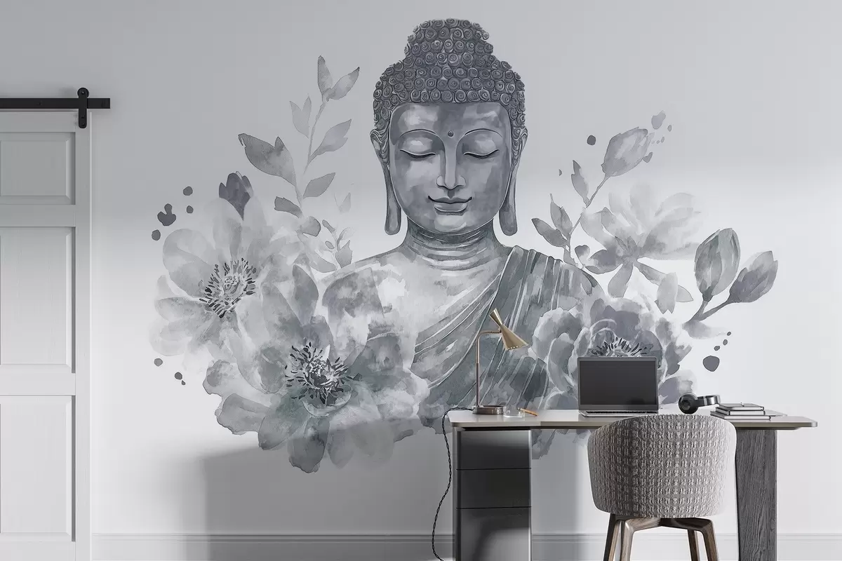 zidne murale Akvarel Buda s cvijećem, duhovna, siva paleta boja  w04005v1