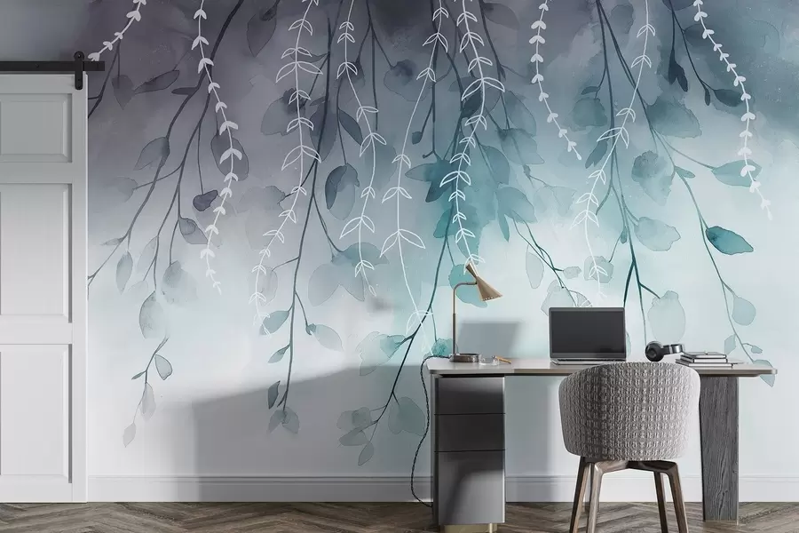 zidne murale Grane s lišćem u akvarelnom stilu, prirodne akvamarin boje w04007v3
