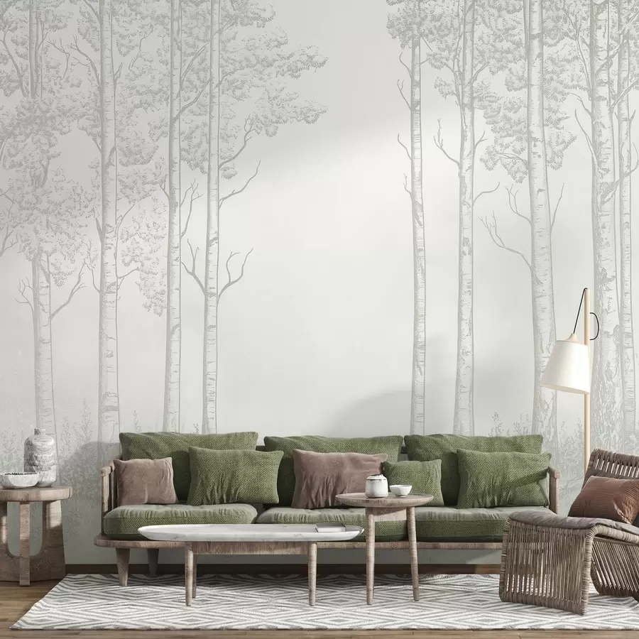 zidne murale Šuma s brezama, minimalizam, priroda, zelena paleta boja  w04009v1