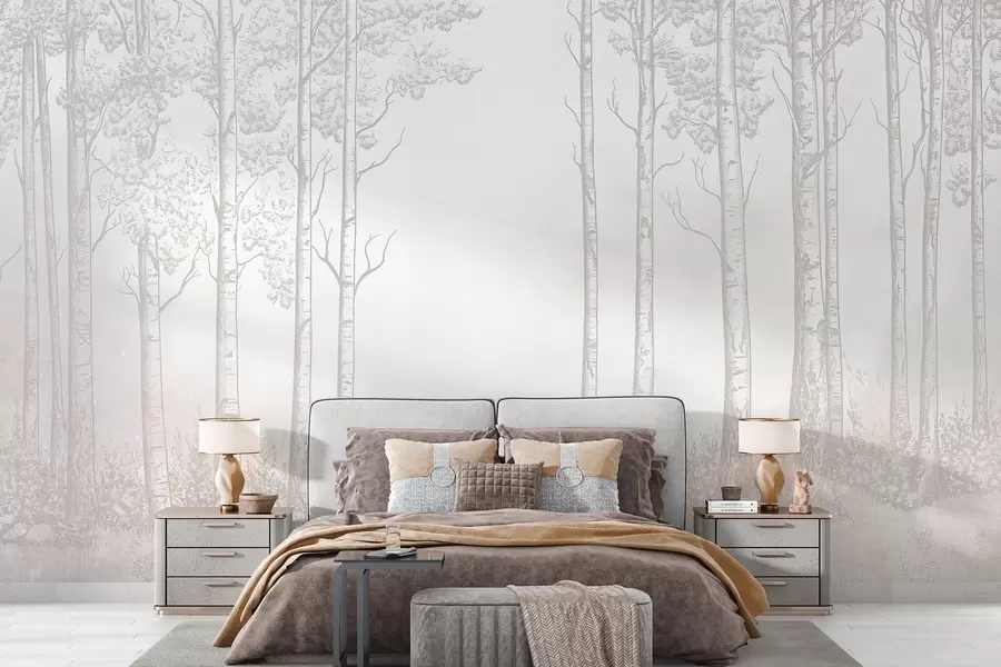 zidne murale Šuma s brezama, minimalizam, priroda, bež paleta boja  w04009v3